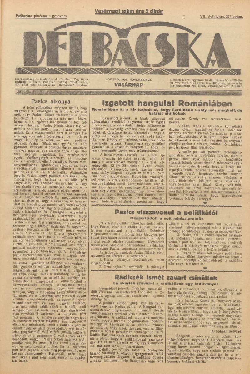 Délbácska, 7. évf. 1926. november 28. 276. sz.