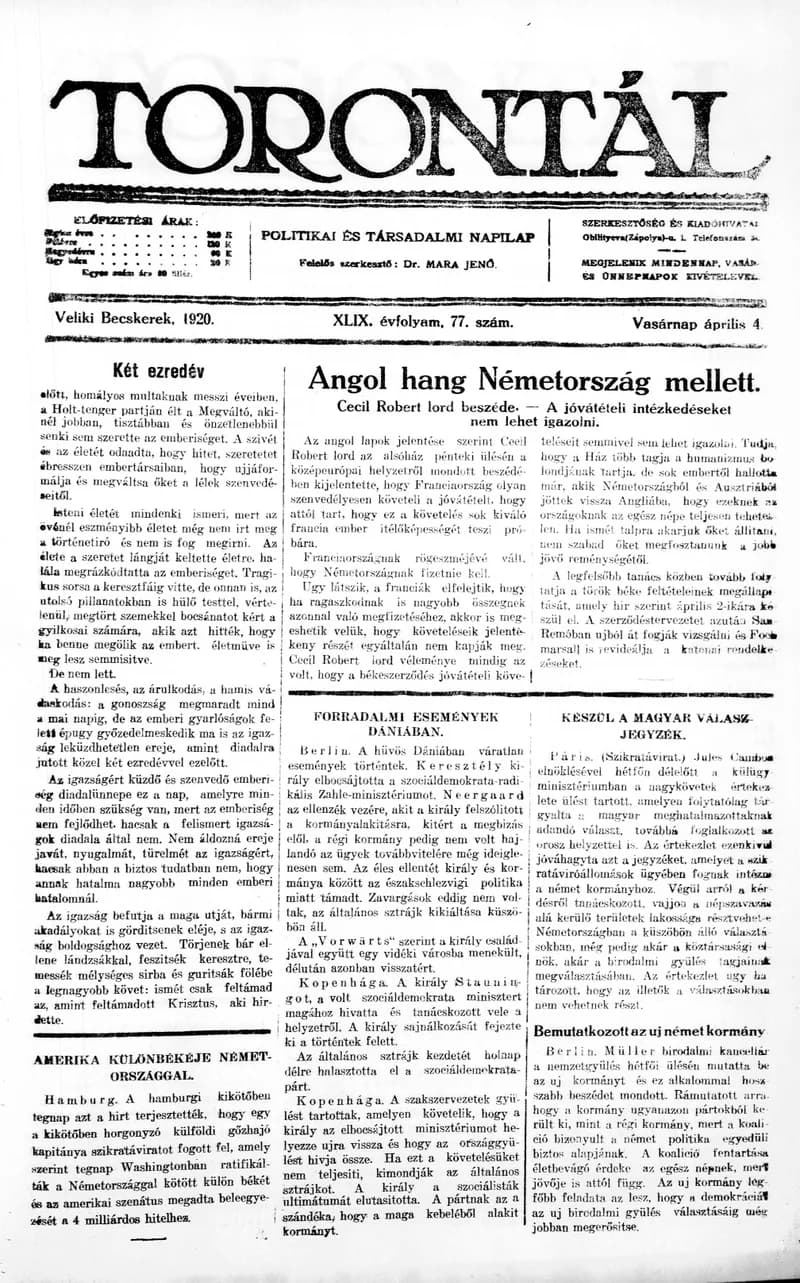 Torontál, 49. évf. 1920. április 4. 77. sz.