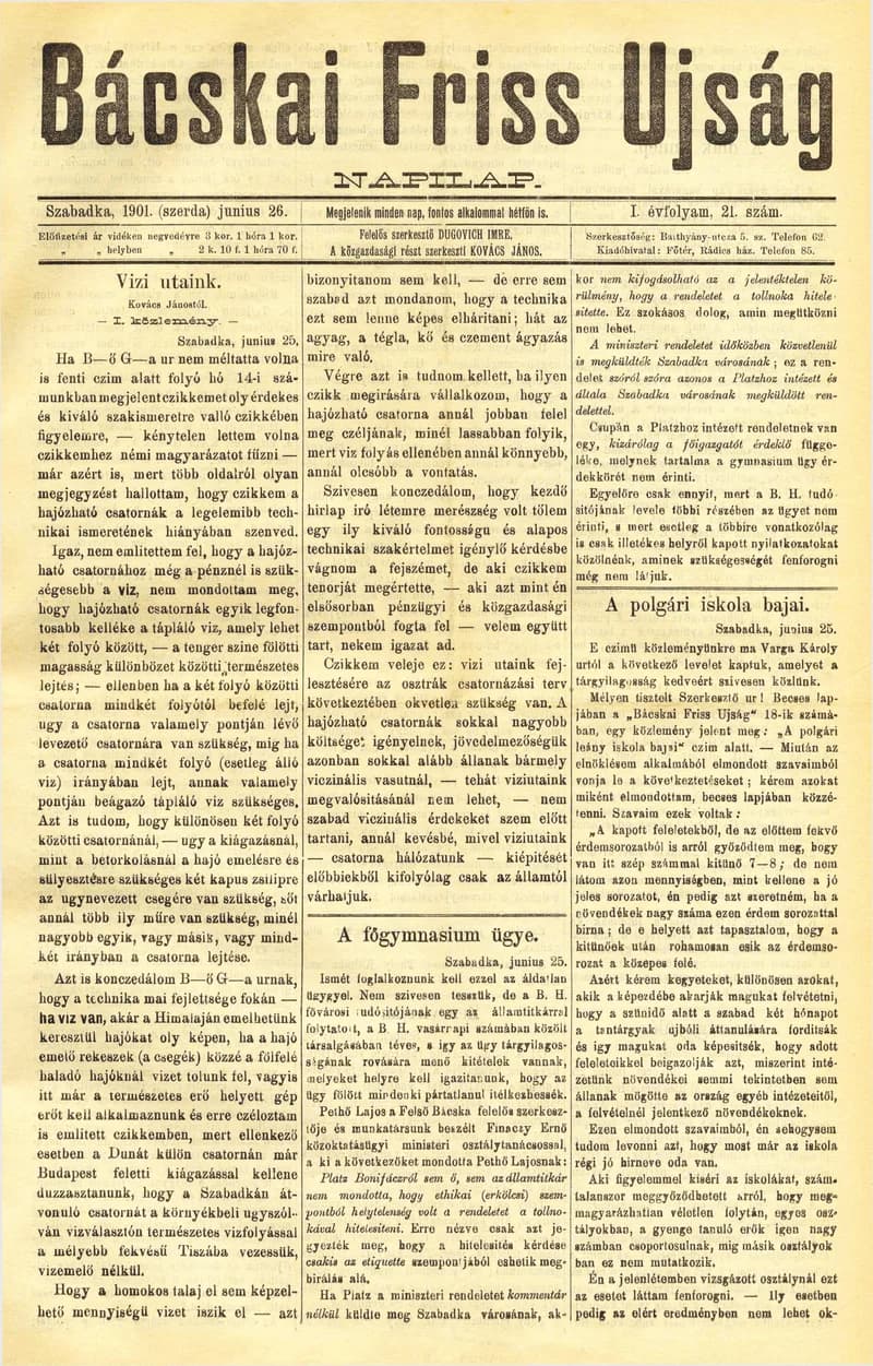 Bácskai Friss Ujság, 1. évf. 1901. június 26. 21. sz.
