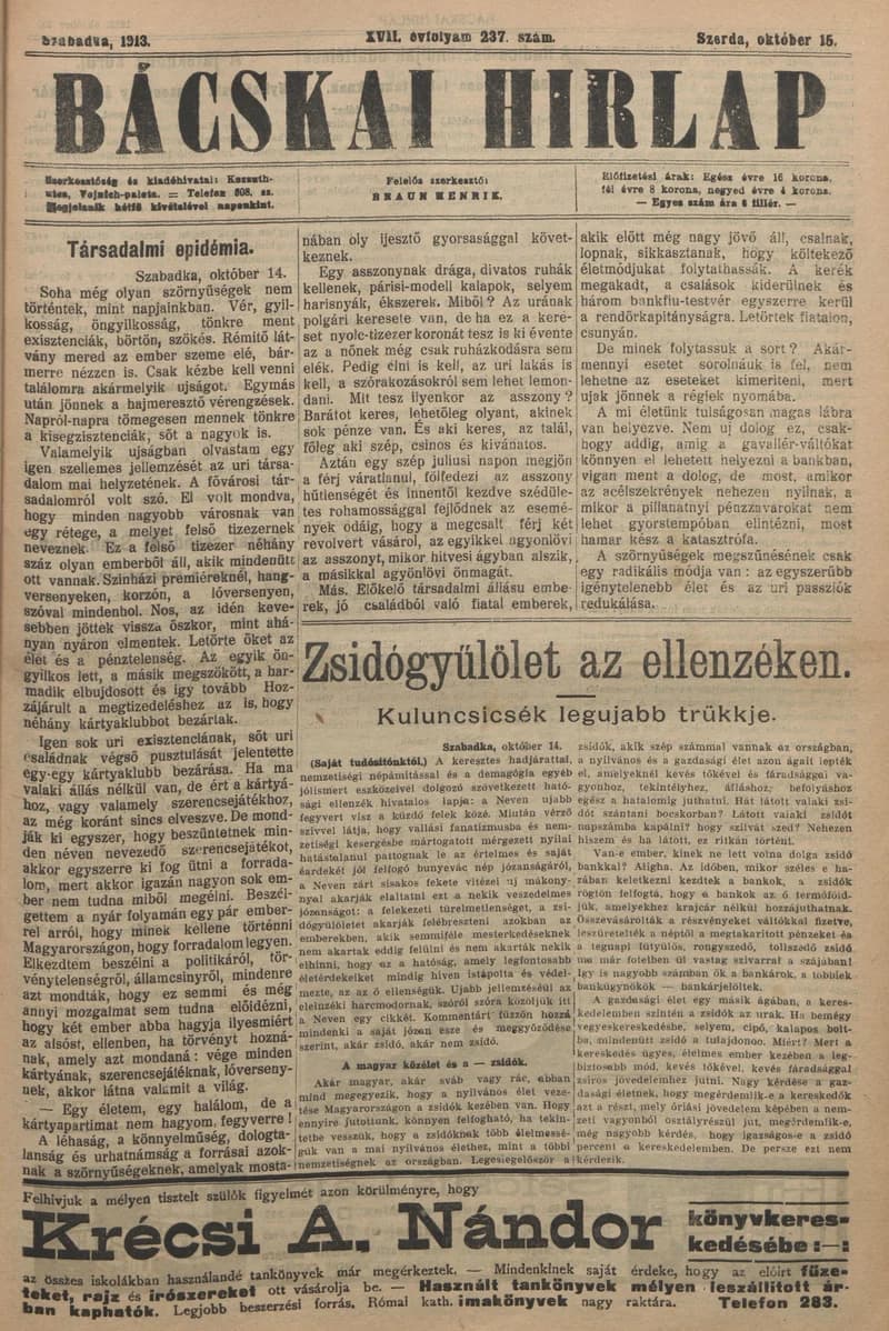 Bácskai Hirlap, 17. évf. 1913. október 15. 237. sz.