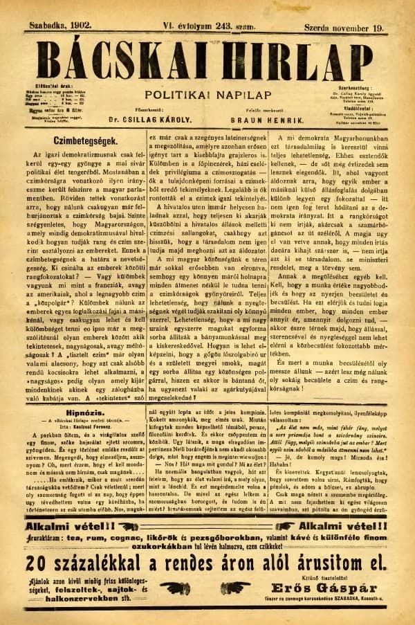 Bácskai Hirlap, 6. évf. 1902. november 19. 243. sz.