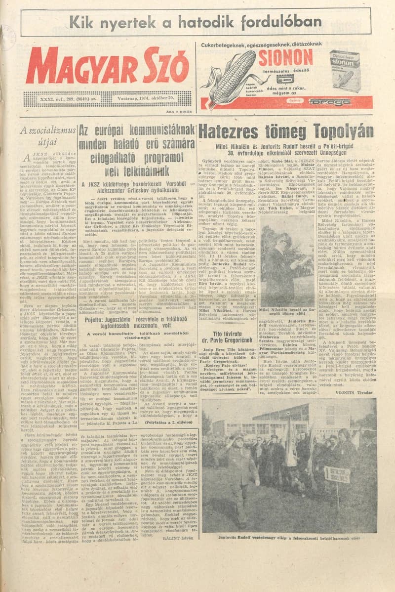 Magyar Szó, 31. évf. 1974. október 20. 289. sz. 1–28. oldal