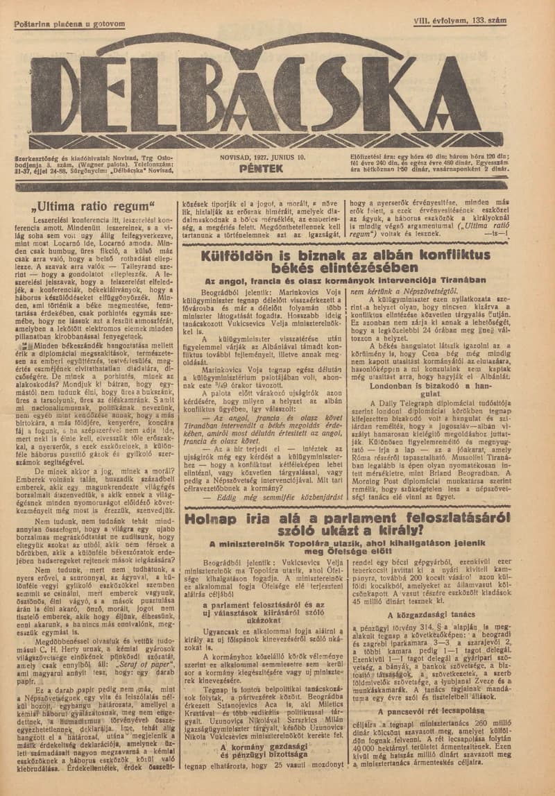 Délbácska, 8. évf. 1927. június 10. 133. sz.