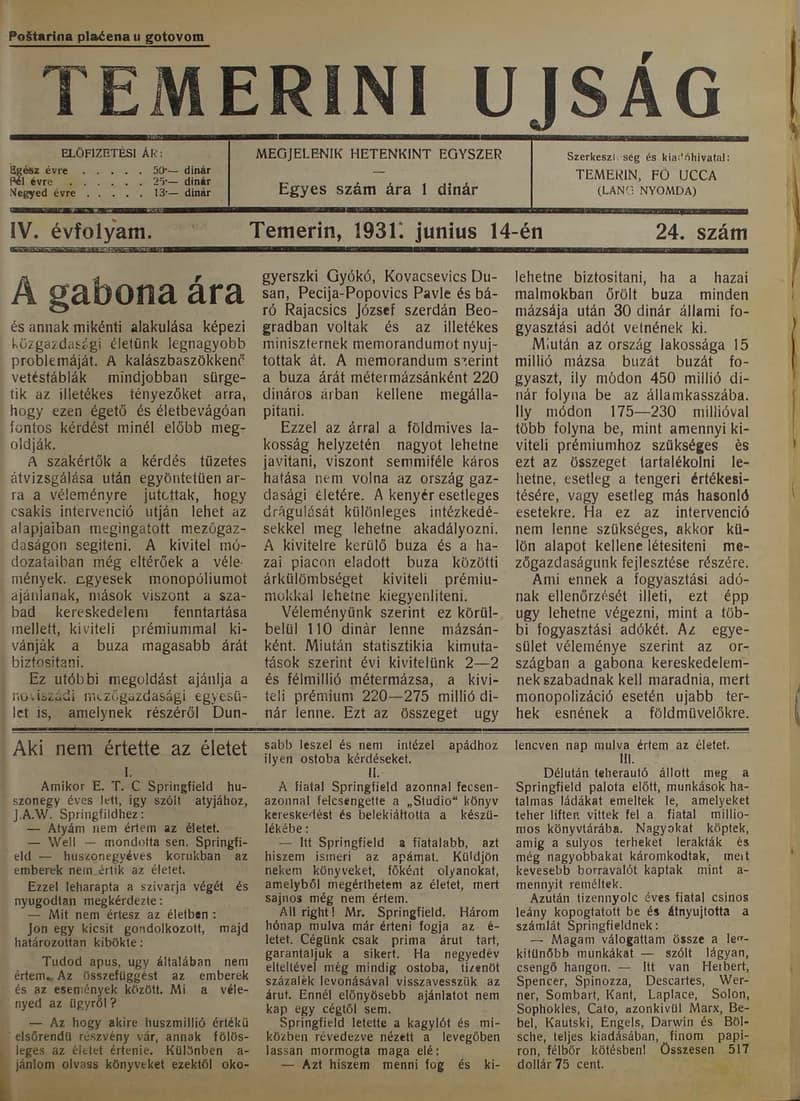 Temerini Újság 1928-1944, 4. évf. 1931. június 14. 24. sz.