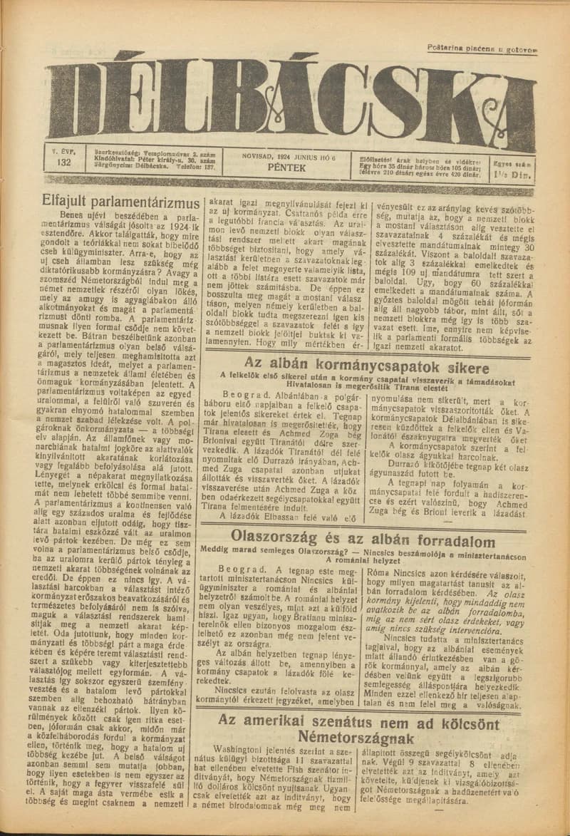 Délbácska, 5. évf. 1924. június 6. 132. sz.