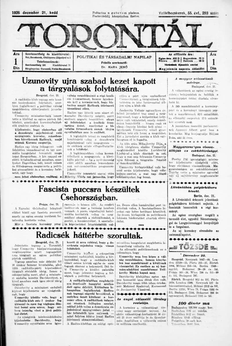 Torontál, 55. évf. 1926. december 21. 293. sz.