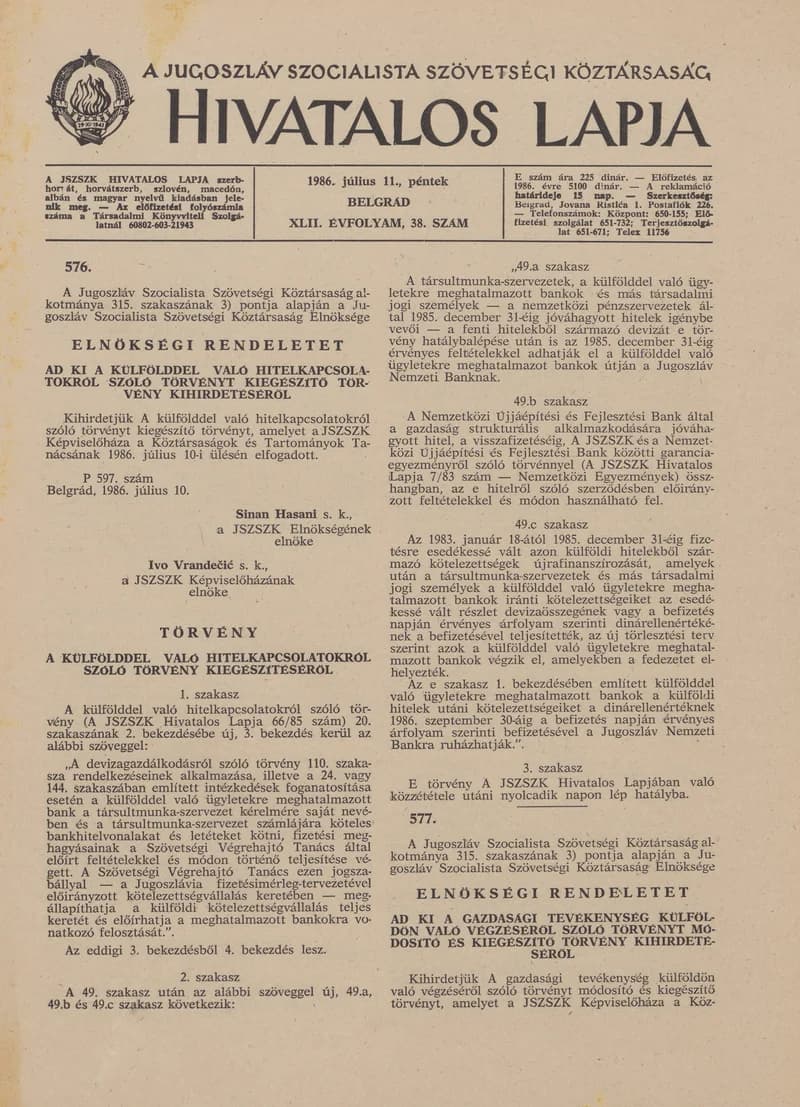 A Jugoszláv Szocialista Szövetségi Köztársaság Hivatalos Lapja, 42. évf. 1986. július 11. 38. sz. 1121–1156. oldal