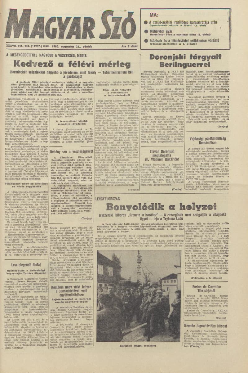 Magyar Szó, 37. évf. 1980. augusztus 22. 231. sz. 1–20. oldal