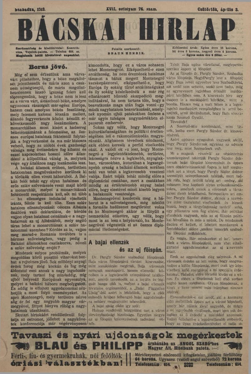 Bácskai Hirlap, 17. évf. 1913. április 3. 76. sz.