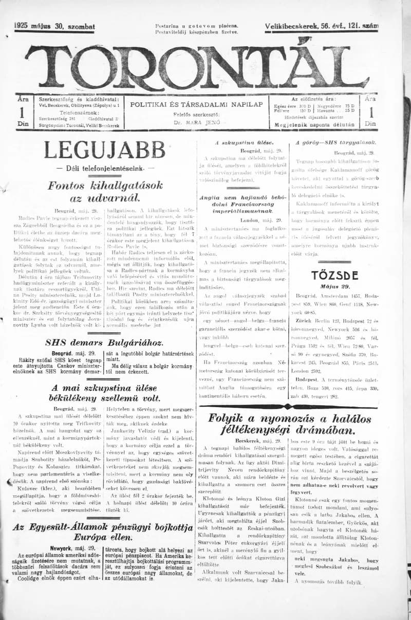 Torontál, 54. évf. 1925. május 30. 121. sz.
