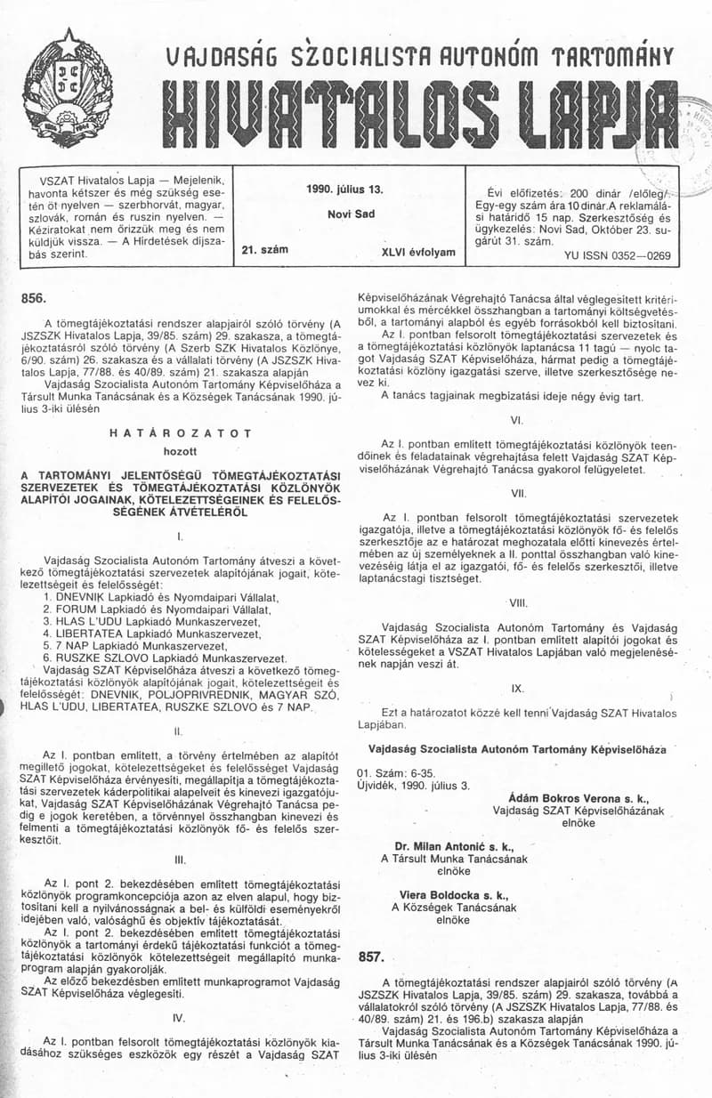 Vajdaság Szocialista Autonóm Tartomány Hivatalos Lapja, 46. évf. 1990. július 13. 21. sz.