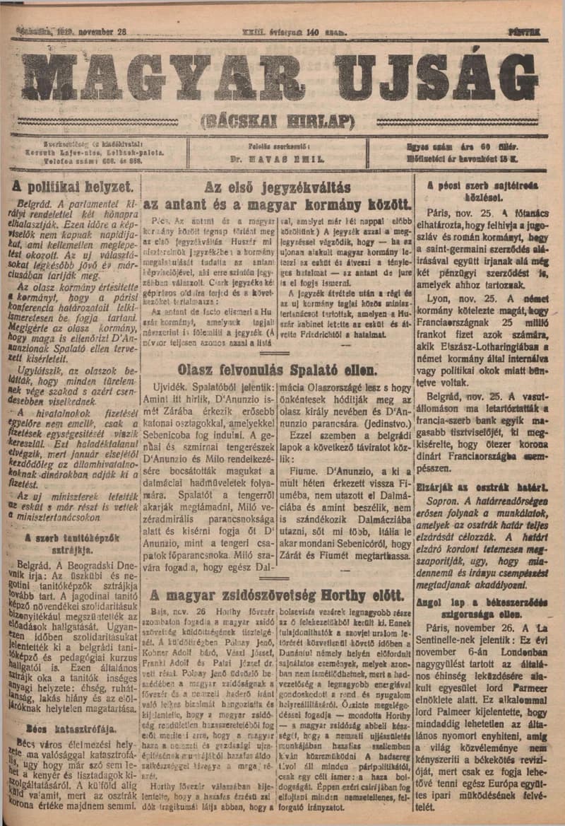 Bácskai Hirlap, 23. évf. 1919. november 28. 140. sz.