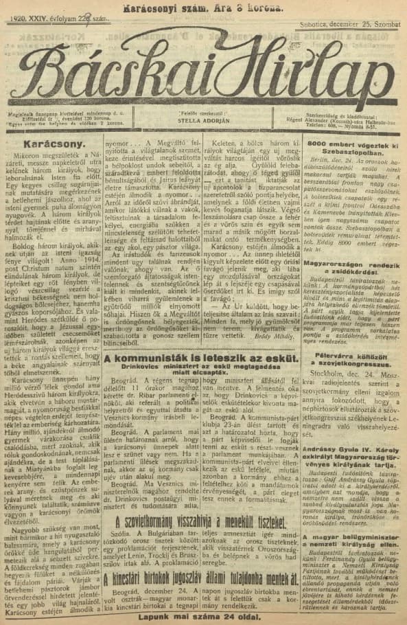 Bácskai Hirlap, 24. évf. 1920. december 25. 229. sz.
