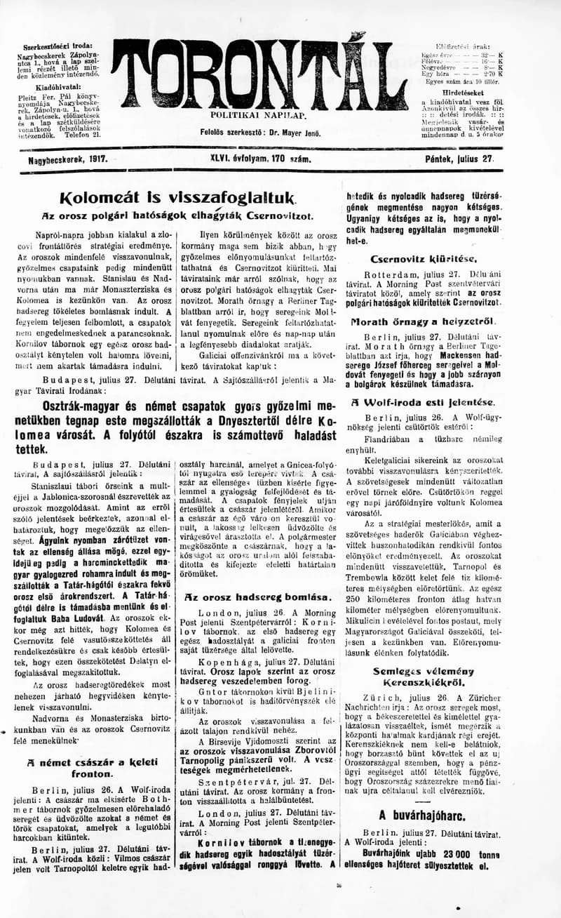 Torontál, 46. évf. 1917. július 27. 170. sz.