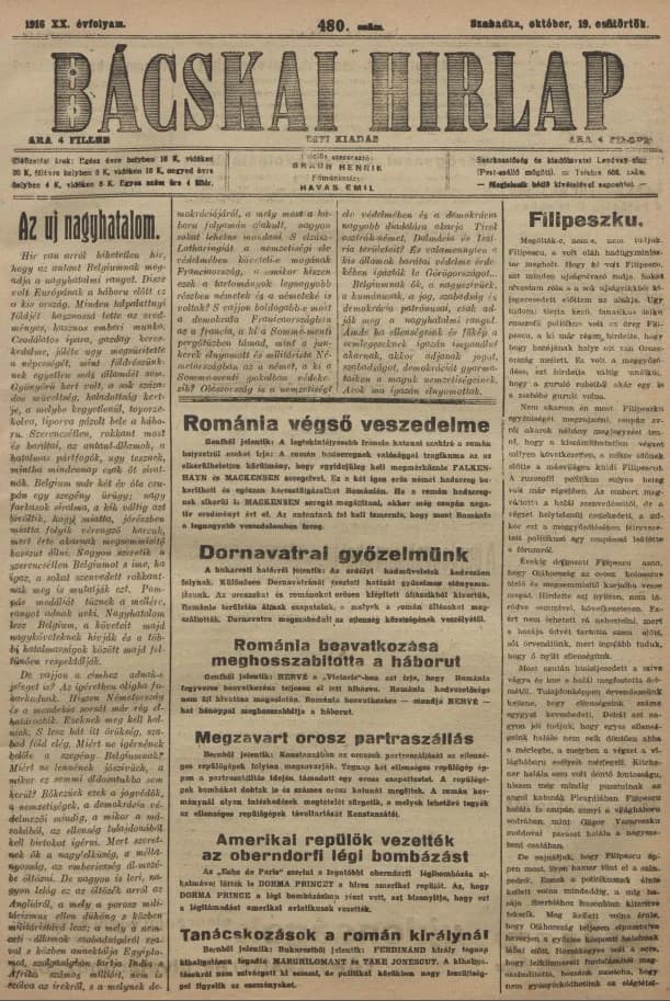 Bácskai Hirlap, 20. évf. 1916. október 19. 480. sz.