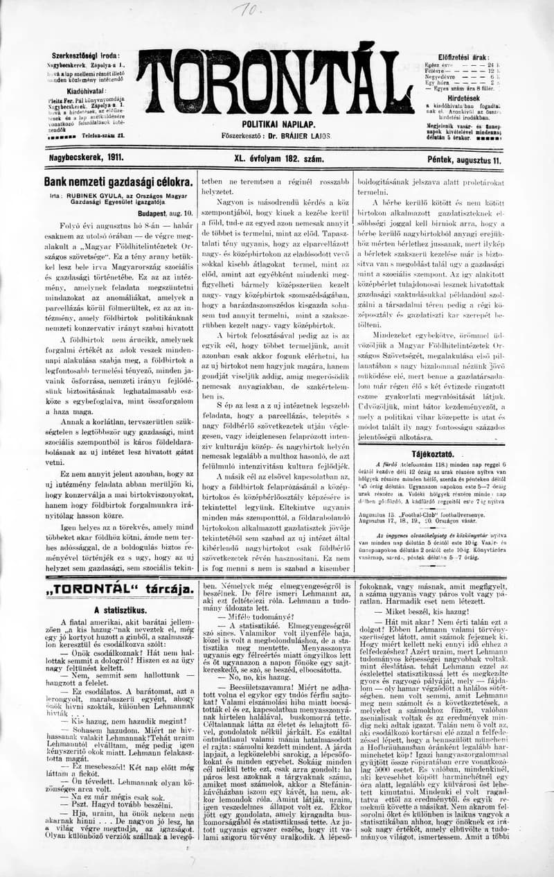 Torontál, 40. évf. 1911. augusztus 11. 182. sz.