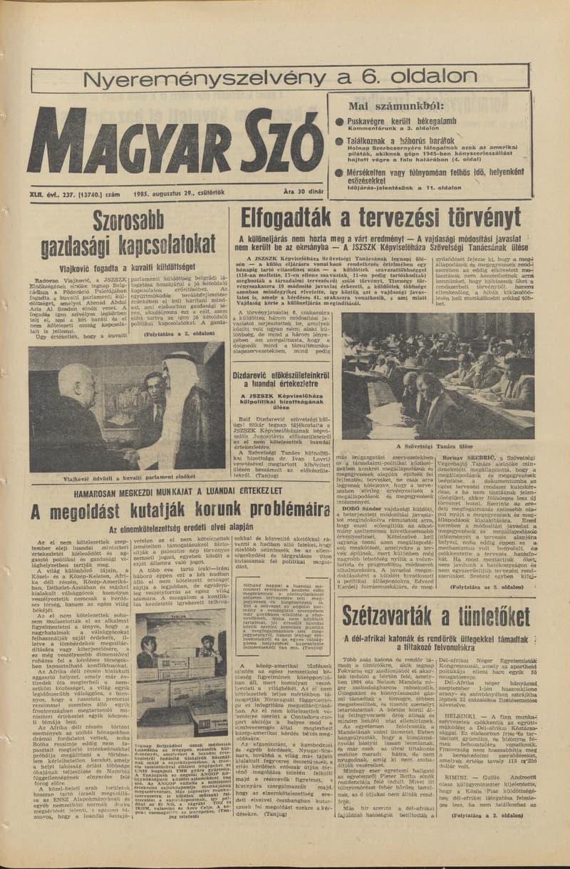 Magyar Szó, 42. évf. 1985. augusztus 29. 237. sz. 1–16. oldal