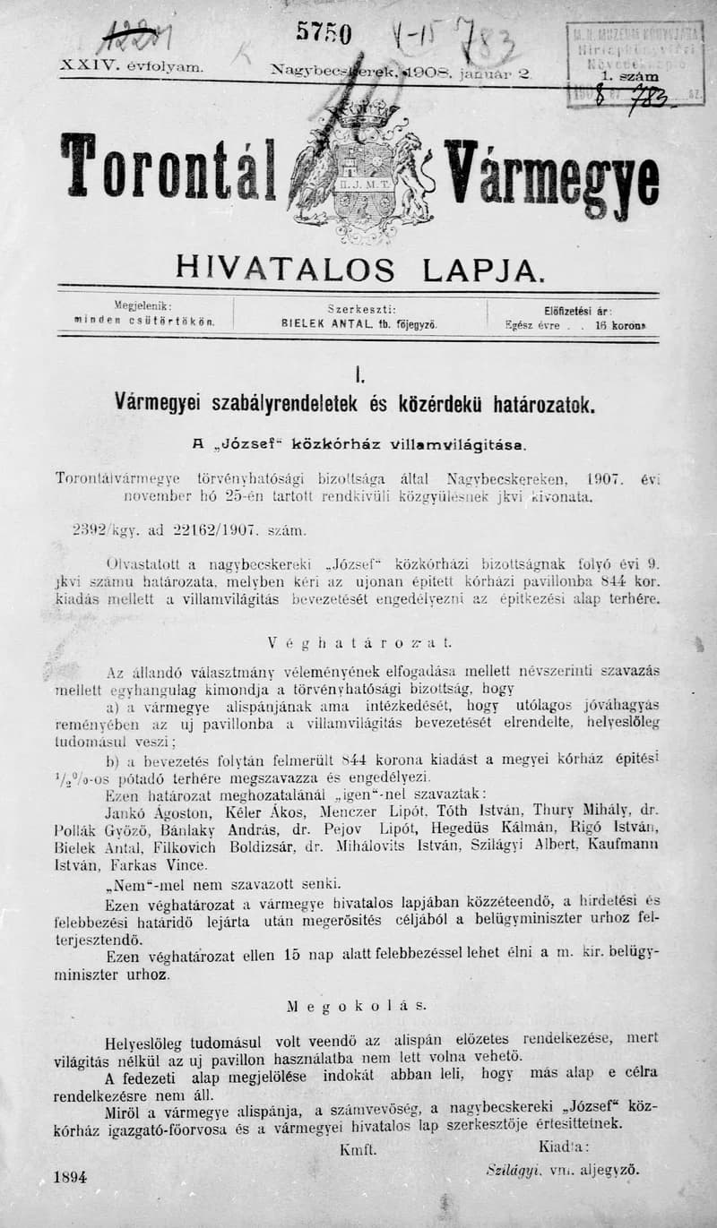 Torontál Vármegye Hivatalos Lapja, 24. évf. 1908. január 2. 1. sz.