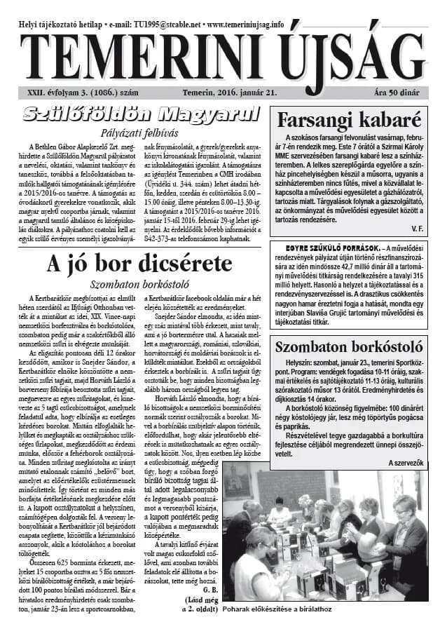 Temerini Újság, 22. évf. 2016. január 21. 3. sz.