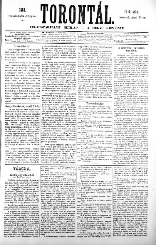 Torontál, 12. évf. 1883. április 19. 16. sz.