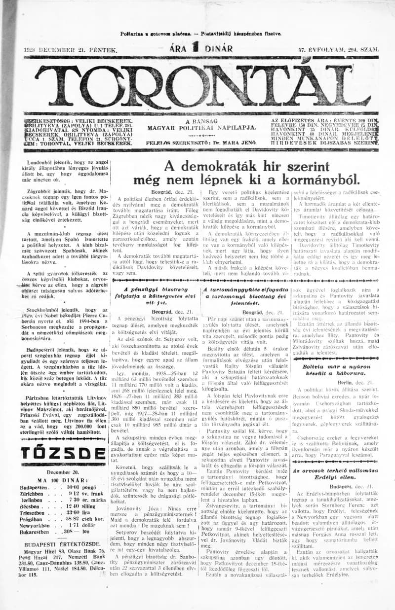 Torontál, 57. évf. 1928. december 21. 294. sz.