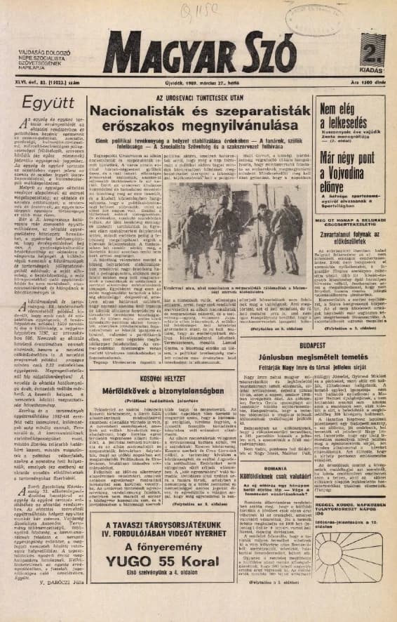 Magyar Szó, 46. évf. 1989. március 27. 83. sz. 1–20. oldal