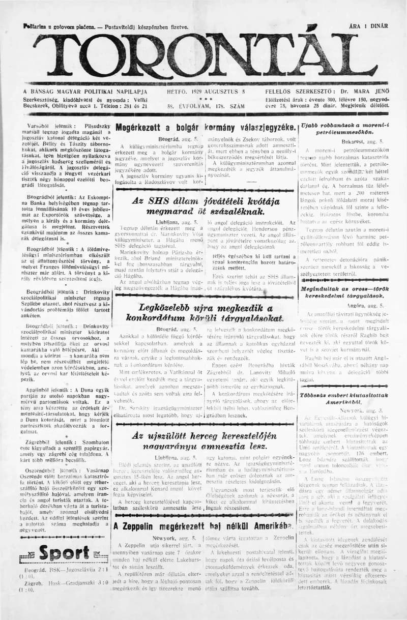 Torontál, 58. évf. 1929. augusztus 5. 178. sz.