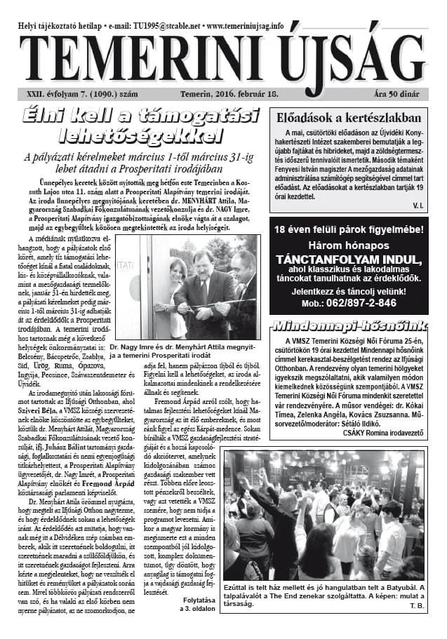 Temerini Újság, 22. évf. 2016. február 18. 7. sz.