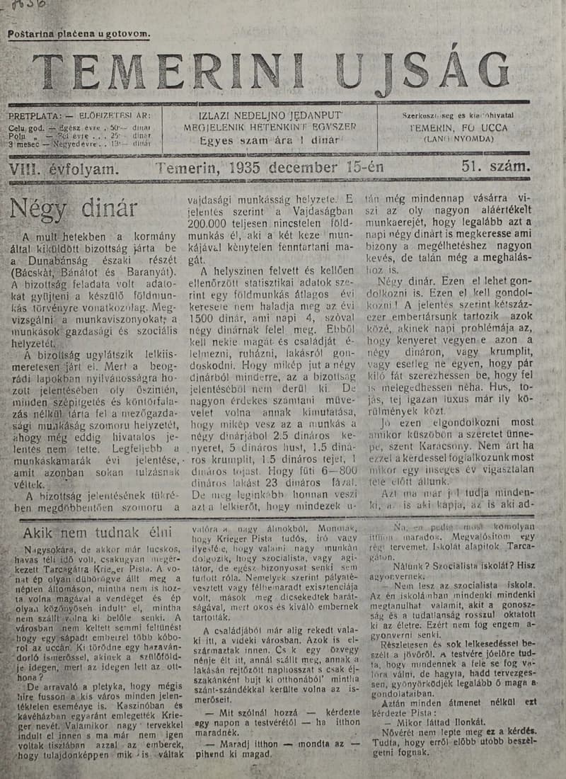 Temerini Újság 1928-1944, 8. évf. 1935. december 15. 51. sz.