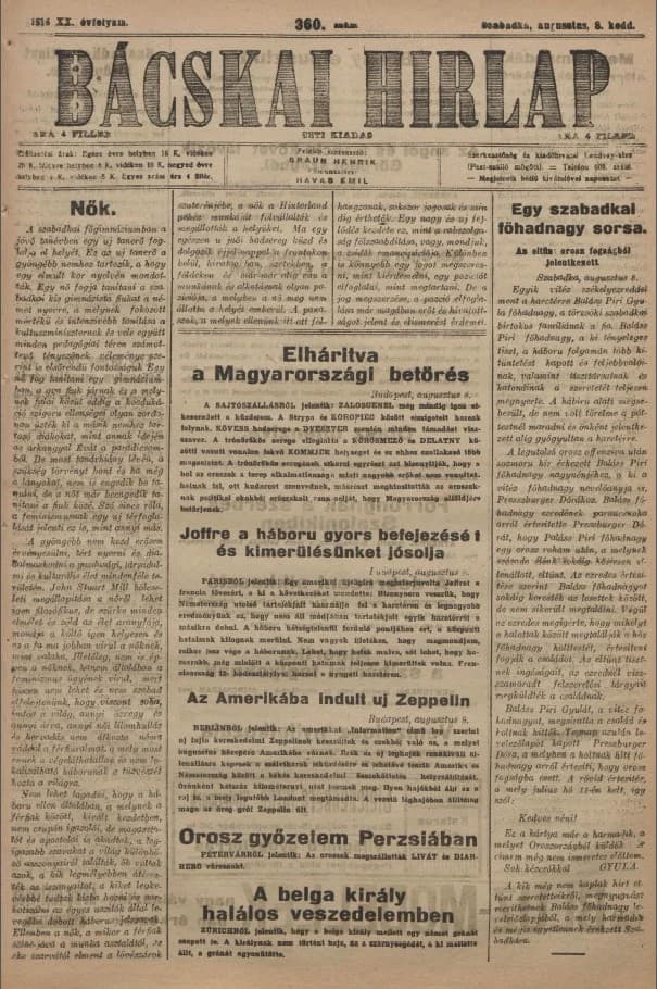 Bácskai Hirlap, 20. évf. 1916. augusztus 8. 360. sz.