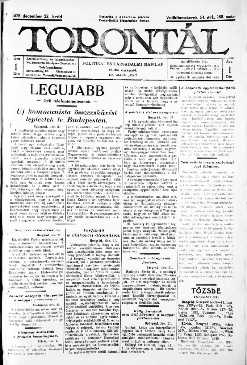 Torontál, 54. évf. 1925. december 22. 289. sz.