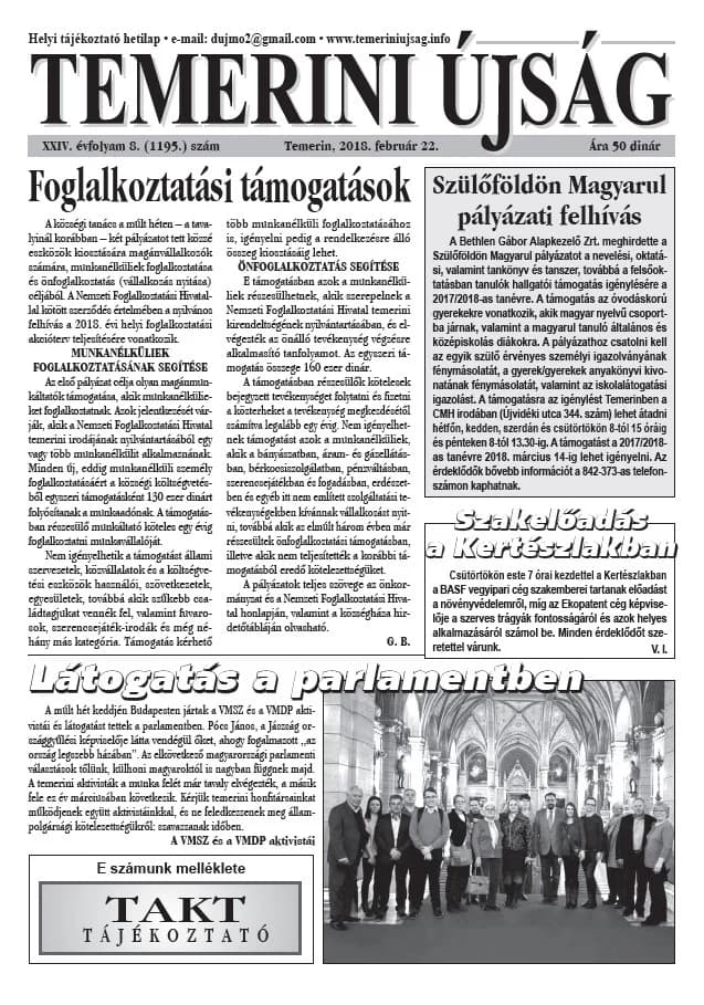 Temerini Újság, 24. évf. 2018. február 22. 8. sz.