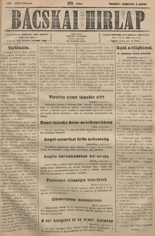 Bácskai Hirlap, 22. évf. 1918. augusztus 2. 172. sz.