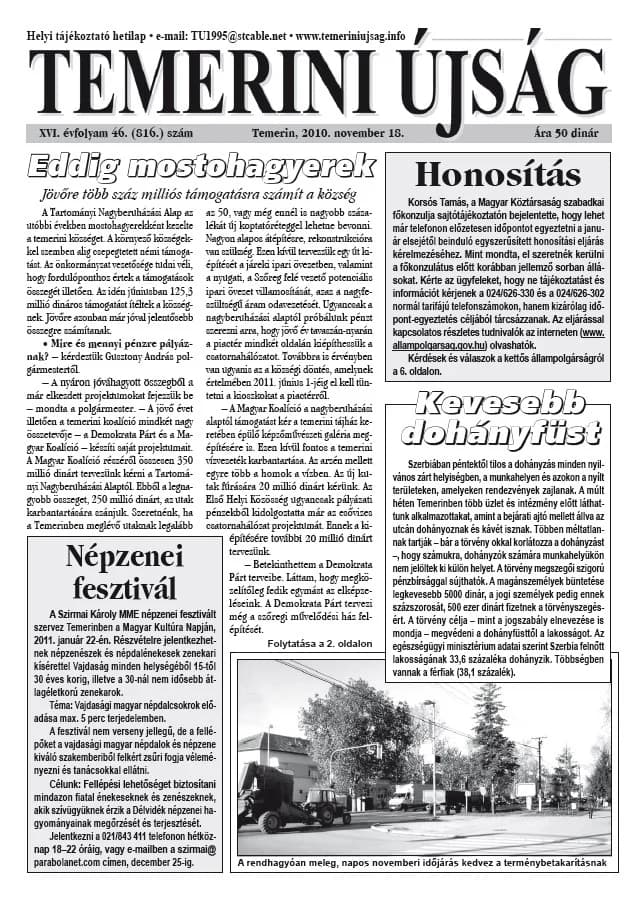 Temerini Újság, 16. évf. 2010. november 18. 46. sz.