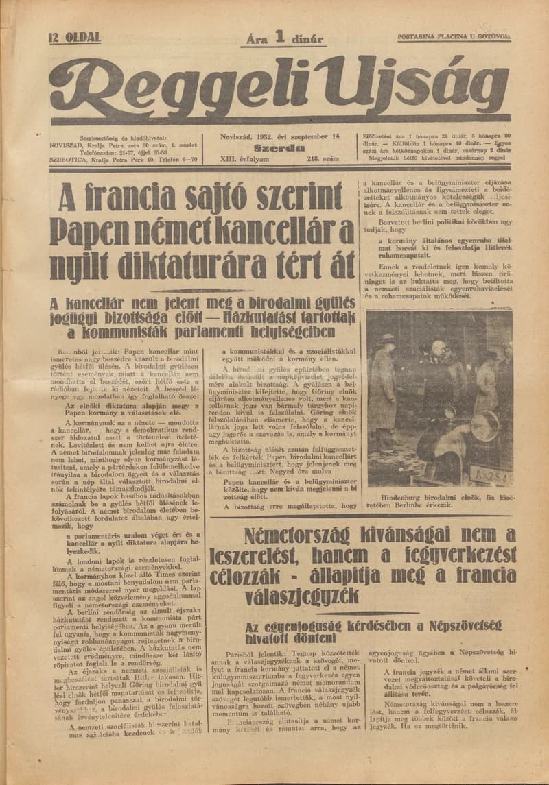 Reggeli Újság, 13. évf. 1932. szeptember 14. 218. sz.