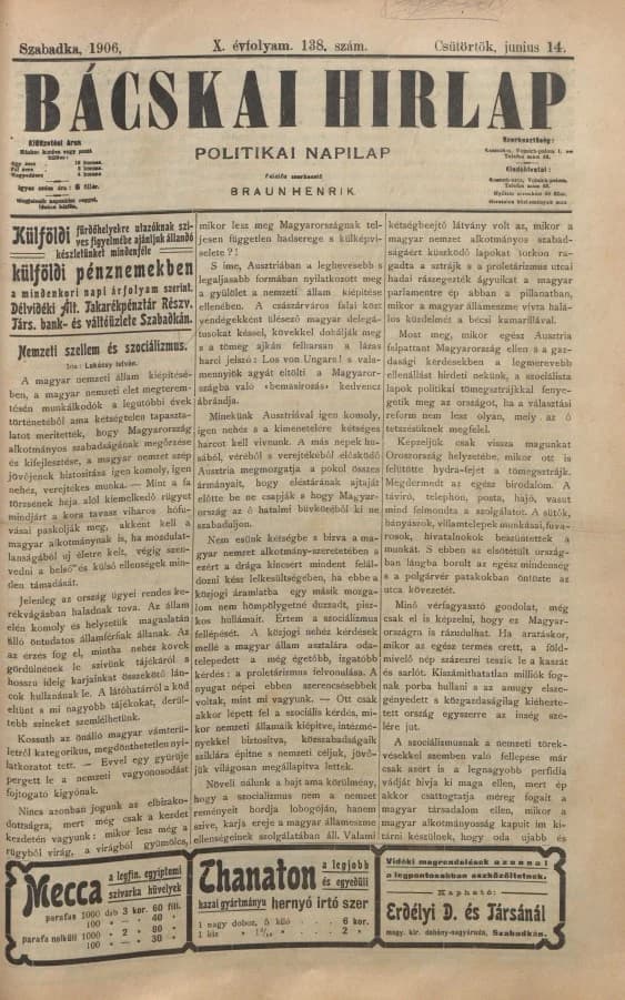 Bácskai Hirlap, 10. évf. 1906. június 14. 138. sz.