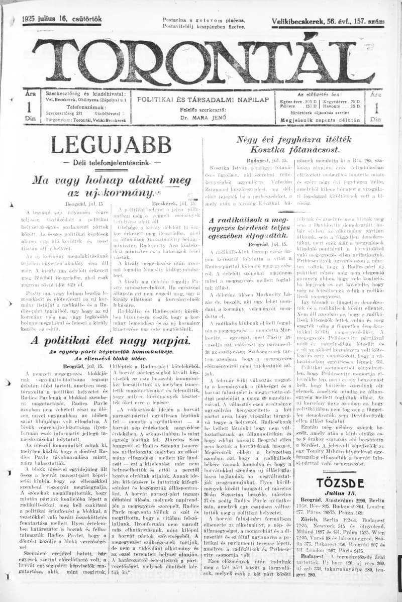 Torontál, 54. évf. 1925. július 16. 157. sz.
