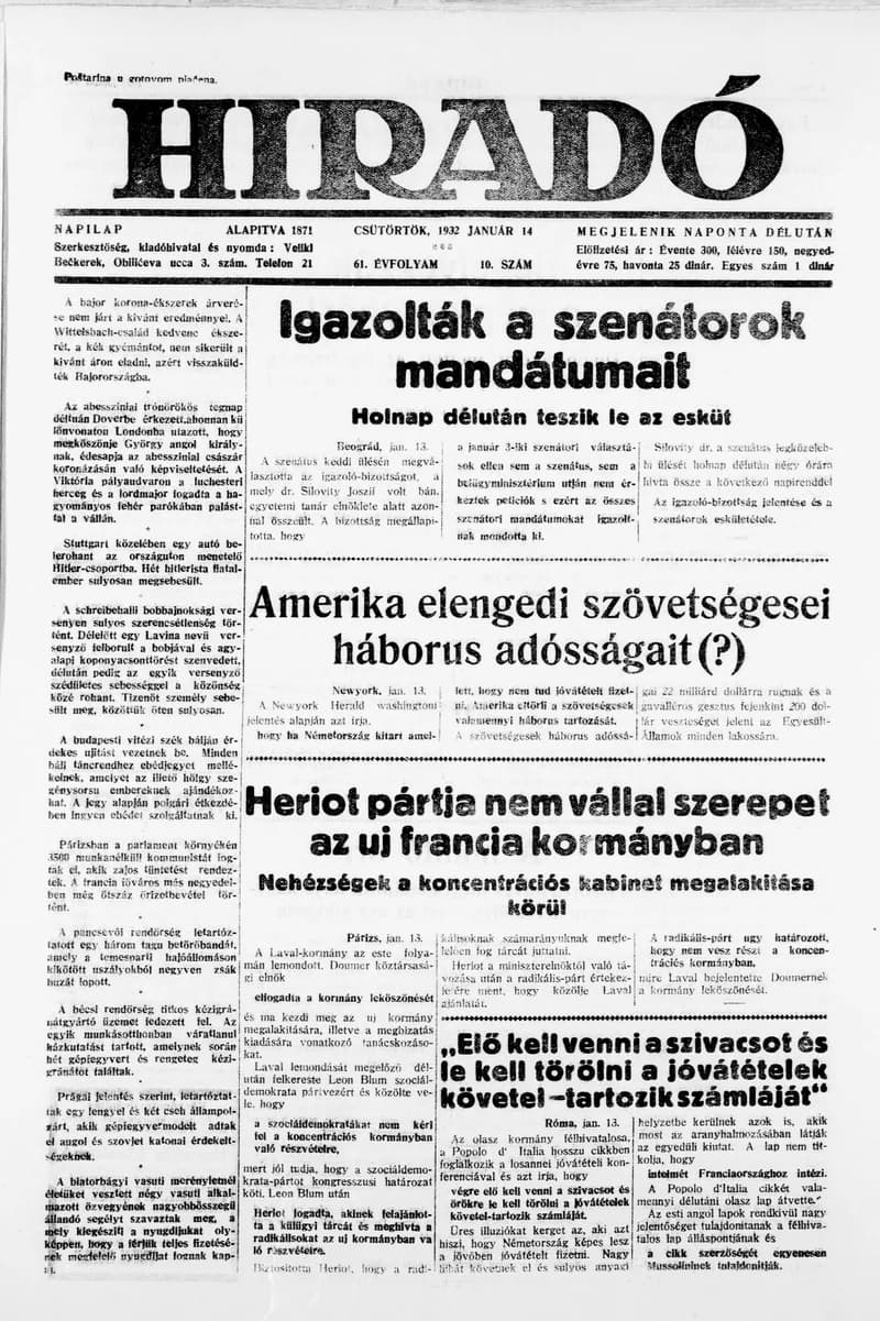 Híradó, 61. évf. 1932. január 14. 10. sz.