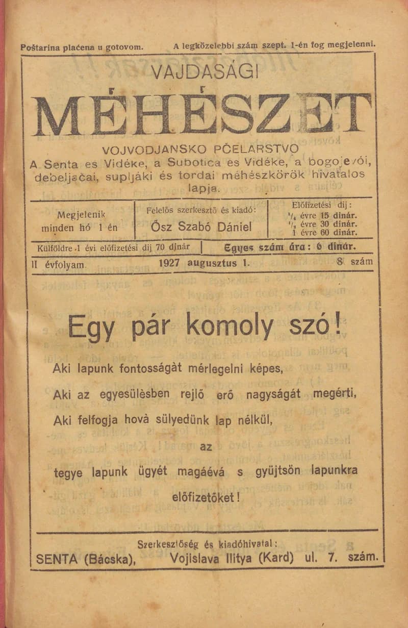 Vajdasági méhészet, 2. évf. 1927. augusztus 1. 8. sz.