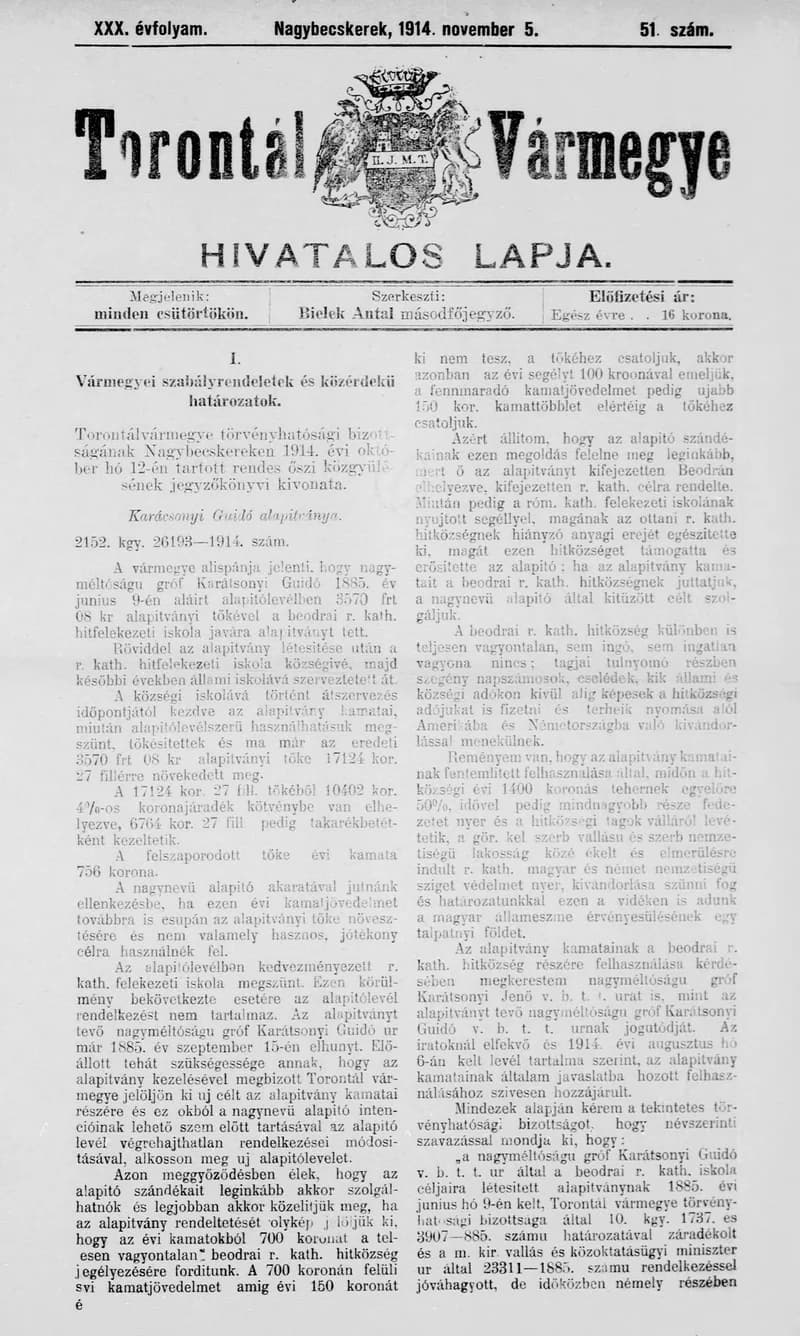 Torontál Vármegye Hivatalos Lapja, 30. évf. 1914. november 5. 51. sz.