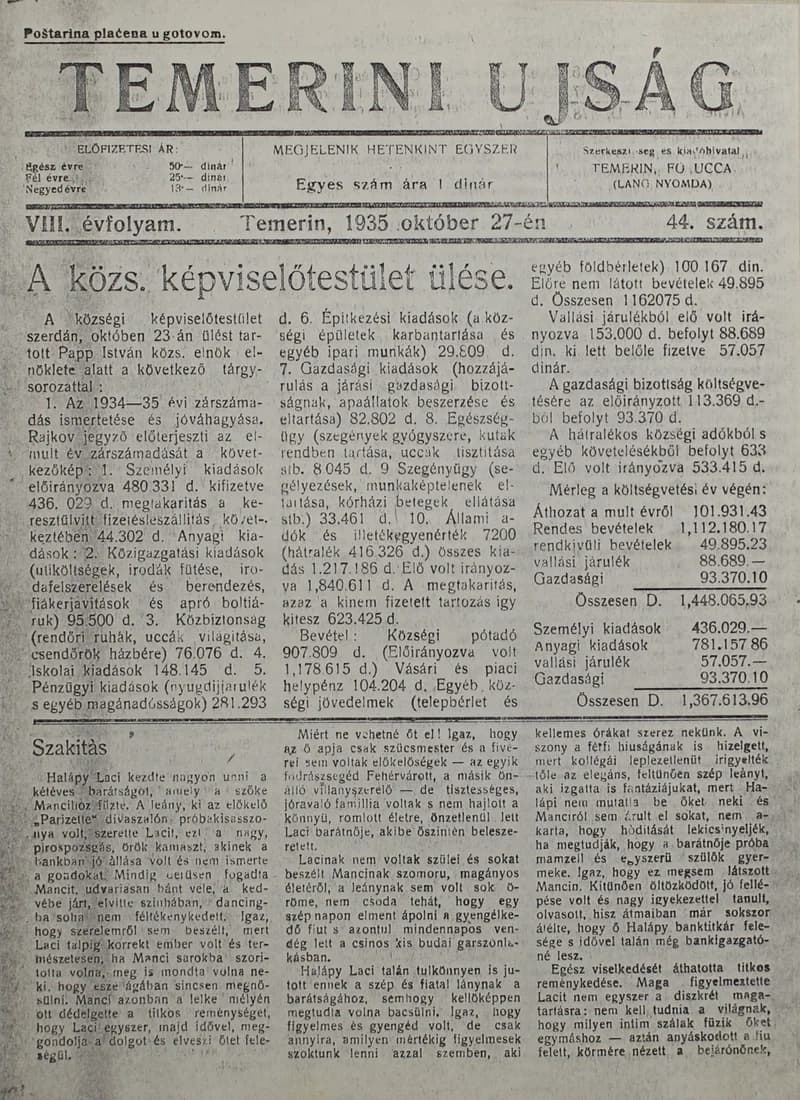 Temerini Újság 1928-1944, 8. évf. 1935. október 27. 44. sz.