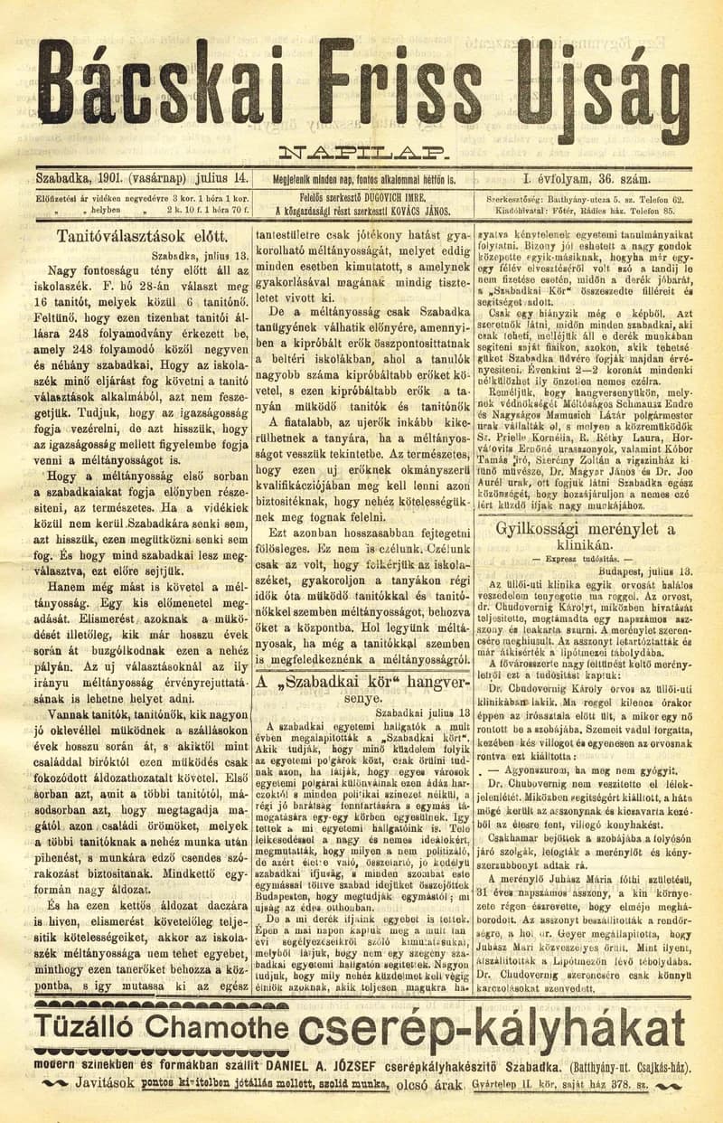 Bácskai Friss Ujság, 1. évf. 1901. július 14. 36. sz.