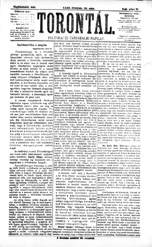 Torontál, 23. évf. 1894. május 22. 116. sz.