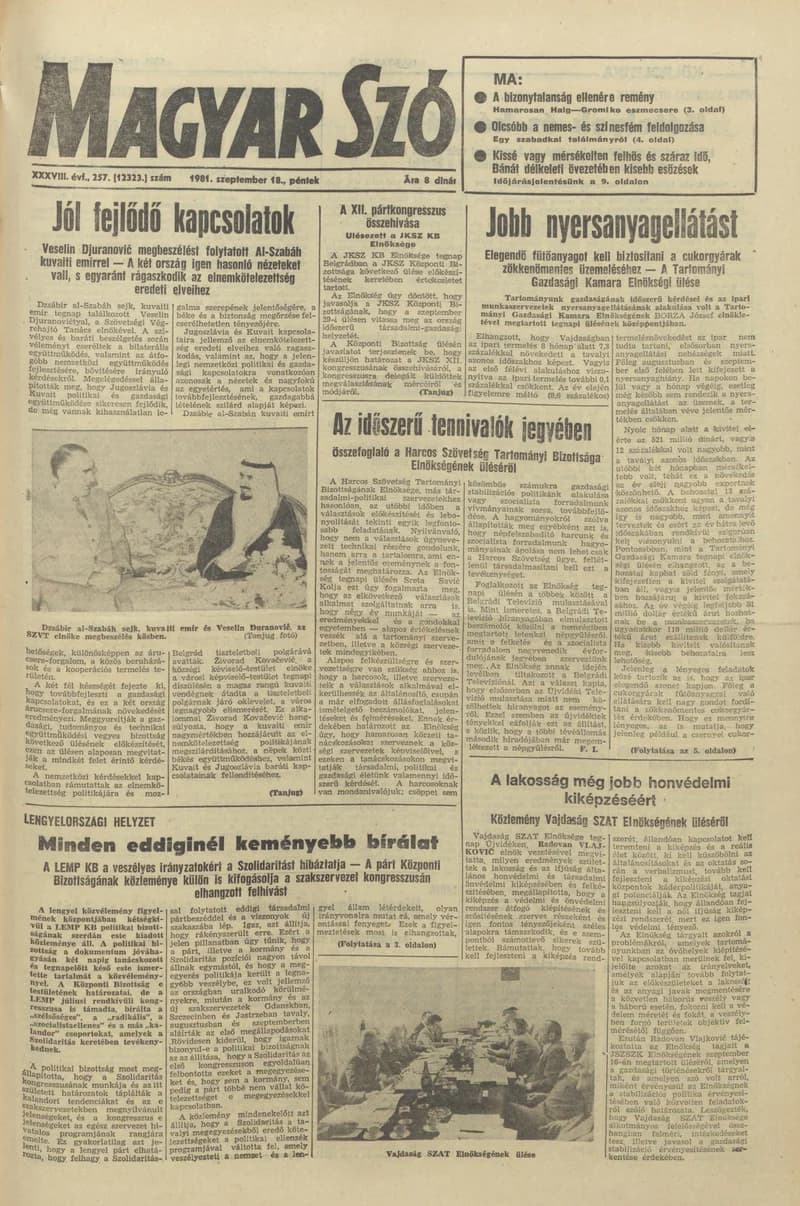 Magyar Szó, 38. évf. 1981. szeptember 18. 257. sz.