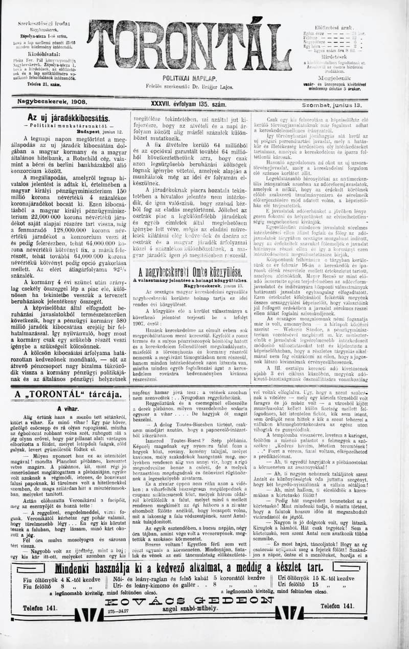 Torontál, 37. évf. 1908. június 13. 135. sz.