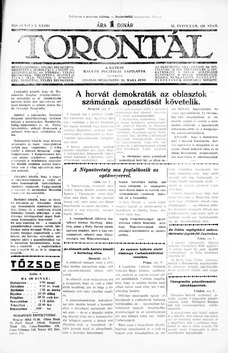 Torontál, 57. évf. 1928. június 5. 129. sz.