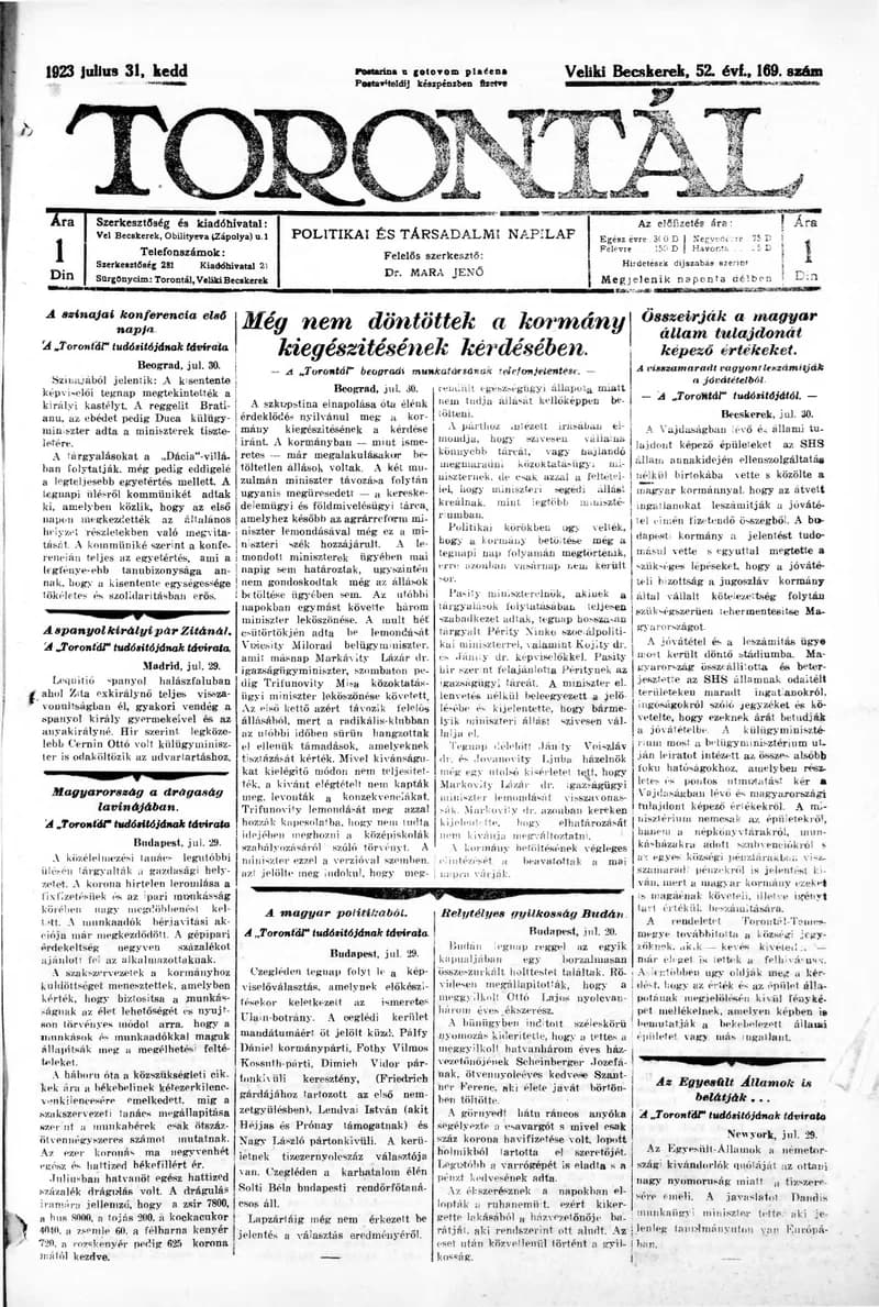 Torontál, 52. évf. 1923. július 31. 169. sz.