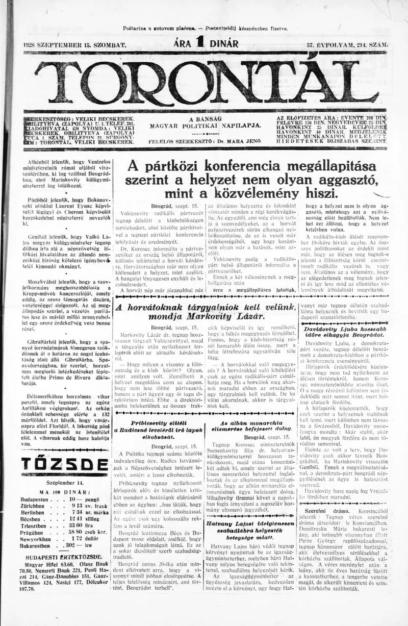 Torontál, 57. évf. 1928. szeptember 15. 214. sz.