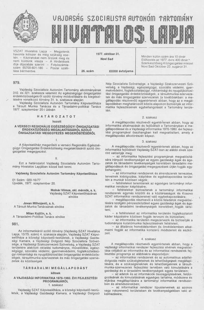 Vajdaság Szocialista Autonóm Tartomány Hivatalos Lapja, 33. évf. 1977. október 31. 26. sz. 1257–1284. oldal