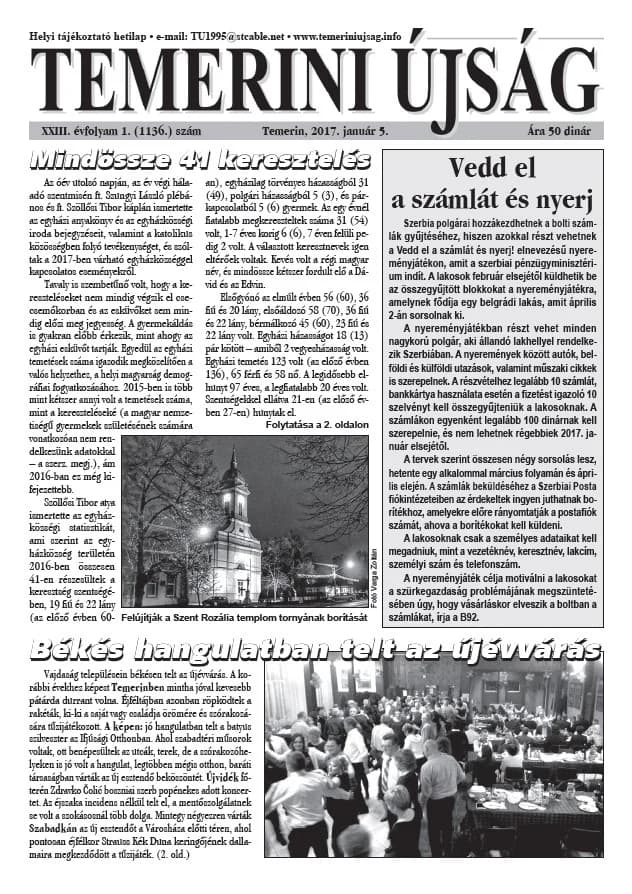 Temerini Újság, 23. évf. 2017. január 5. 1. sz.